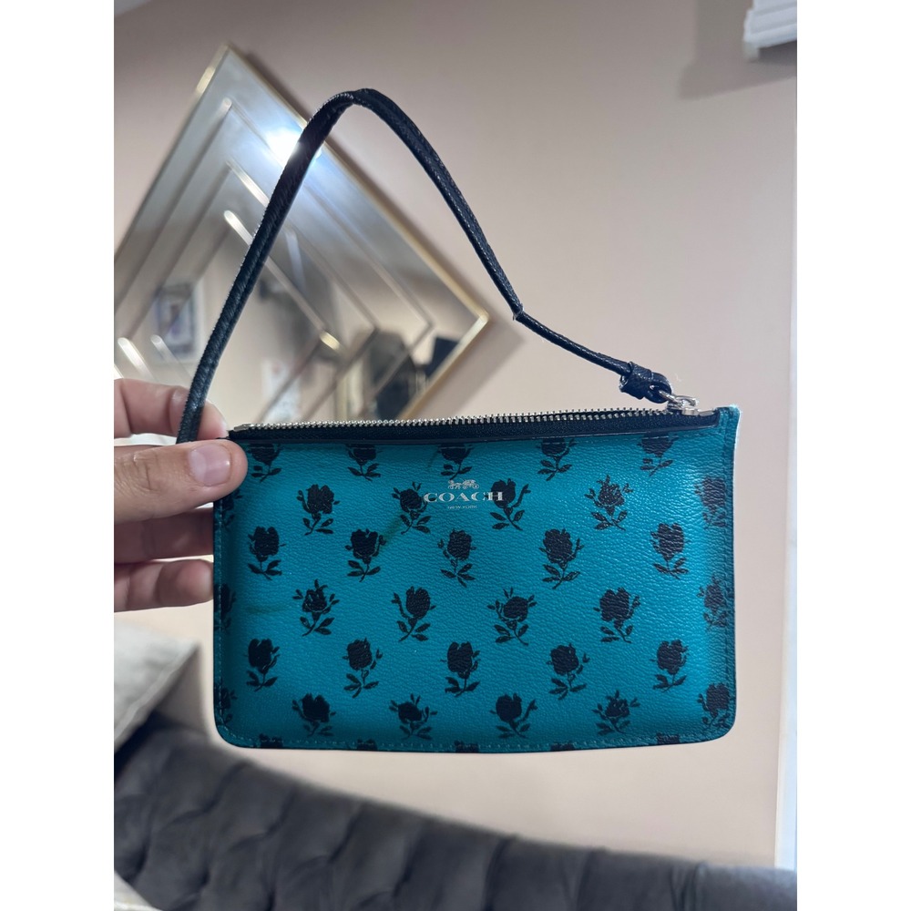 Coach Nolita Teal Black Floral Rose Crossgrain Leather Wristlet Bag